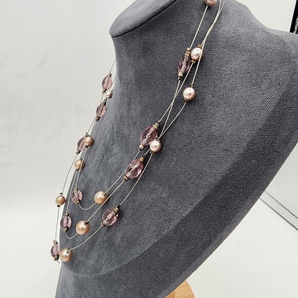 Elegant Triple-Strand Necklace With Purple Faceted Beads & Bronze Pearls - Picture 2 of 4